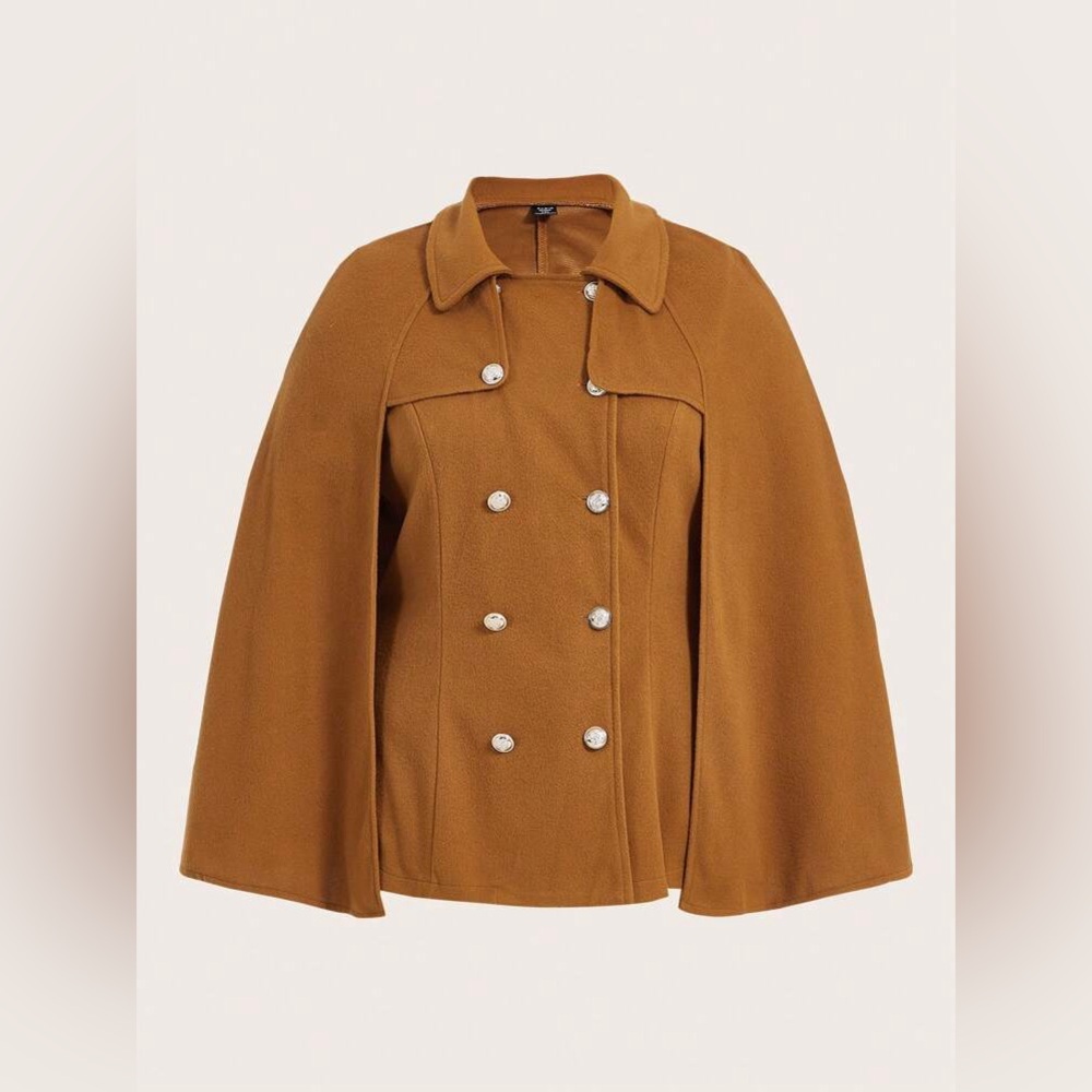 Pre-Owned Tan SHEIN Flirla Double-Breasted Woolen Cape Coat